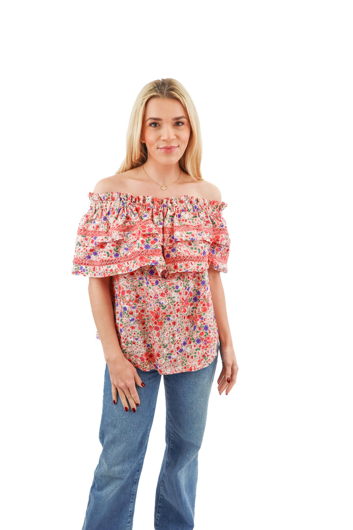 Mi Golondrina pink floral ruffle top (XS; retail $245)