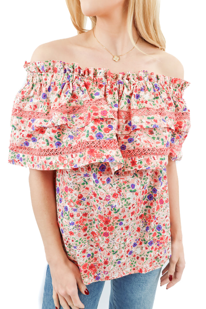 Mi Golondrina pink floral ruffle top (XS; retail $245)