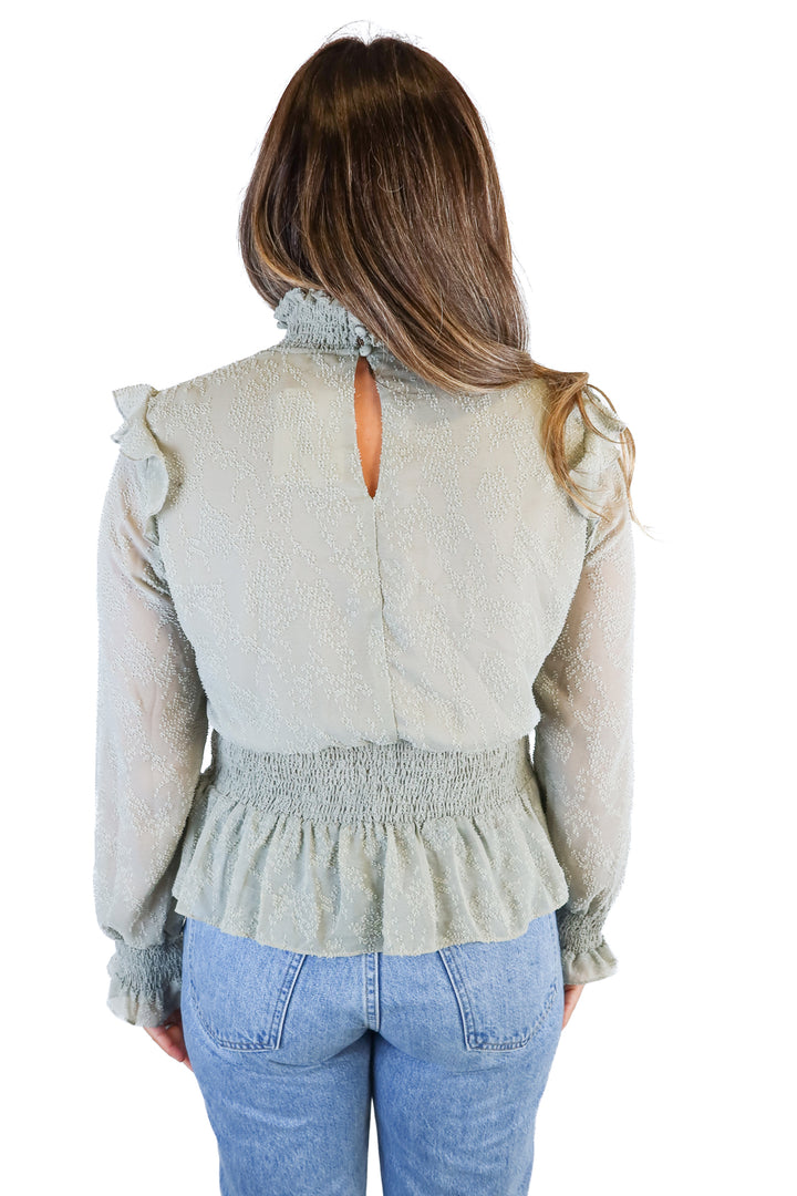 karlie sage green textured peplum turtleneck top (L)