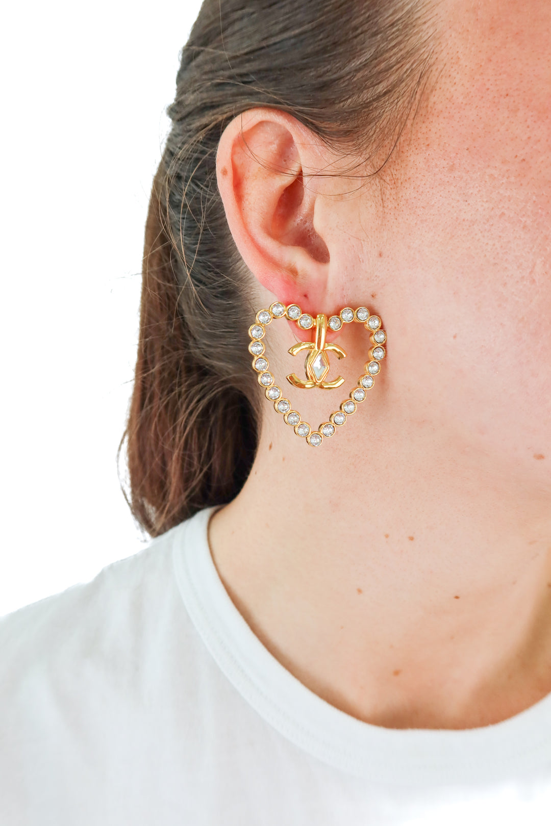 Chanel Cruise 2022/23 Crystal & Gold-Plated CC Heart Earrings (est. retail $1,350)