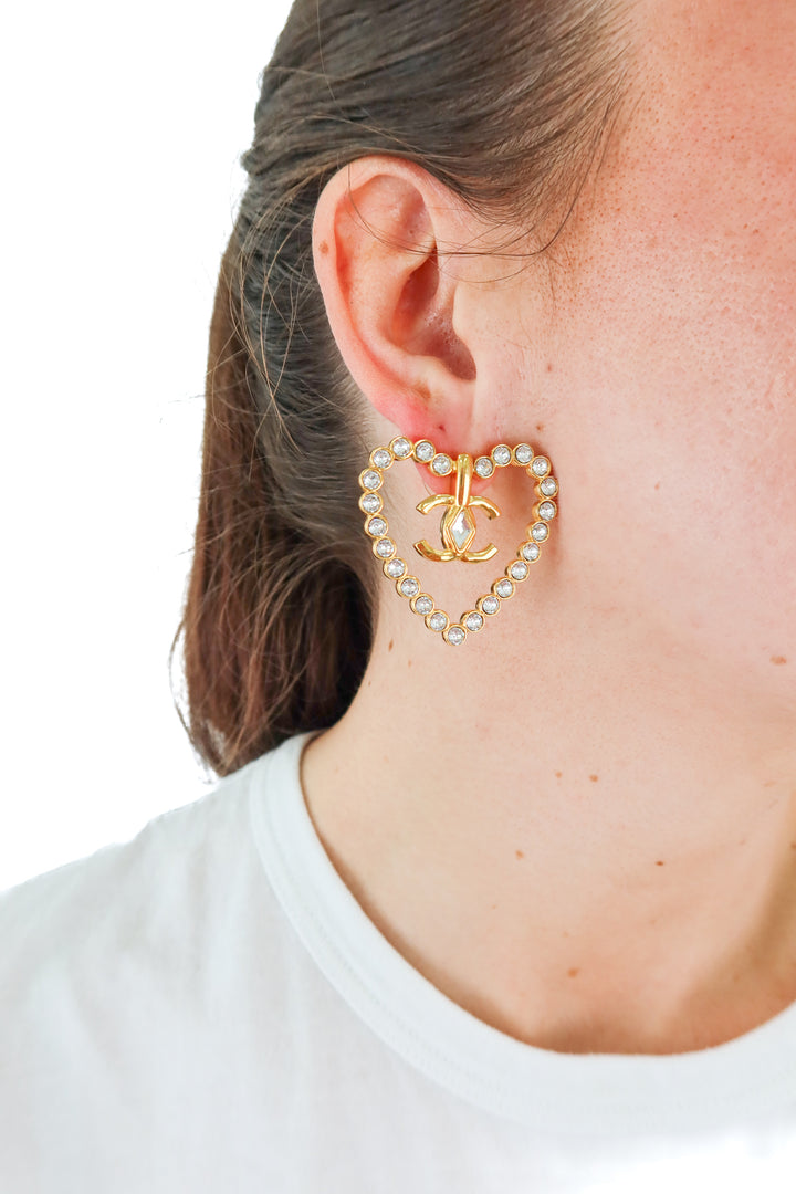 Chanel Cruise 2022/23 Crystal & Gold-Plated CC Heart Earrings (est. retail $1,350)