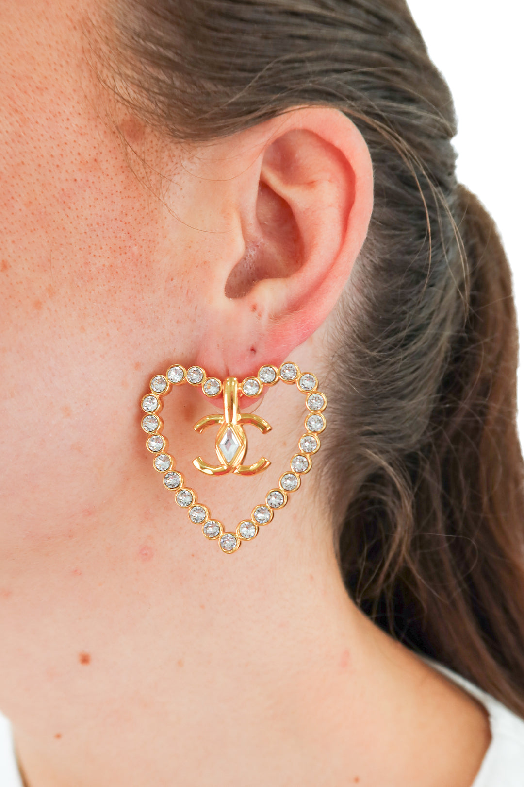 Chanel Cruise 2022/23 Crystal & Gold-Plated CC Heart Earrings (est. retail $1,350)