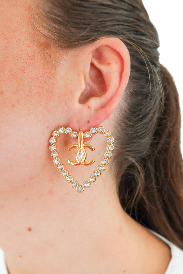 Chanel Cruise 2022/23 Crystal & Gold-Plated CC Heart Earrings (est. retail $1,350)