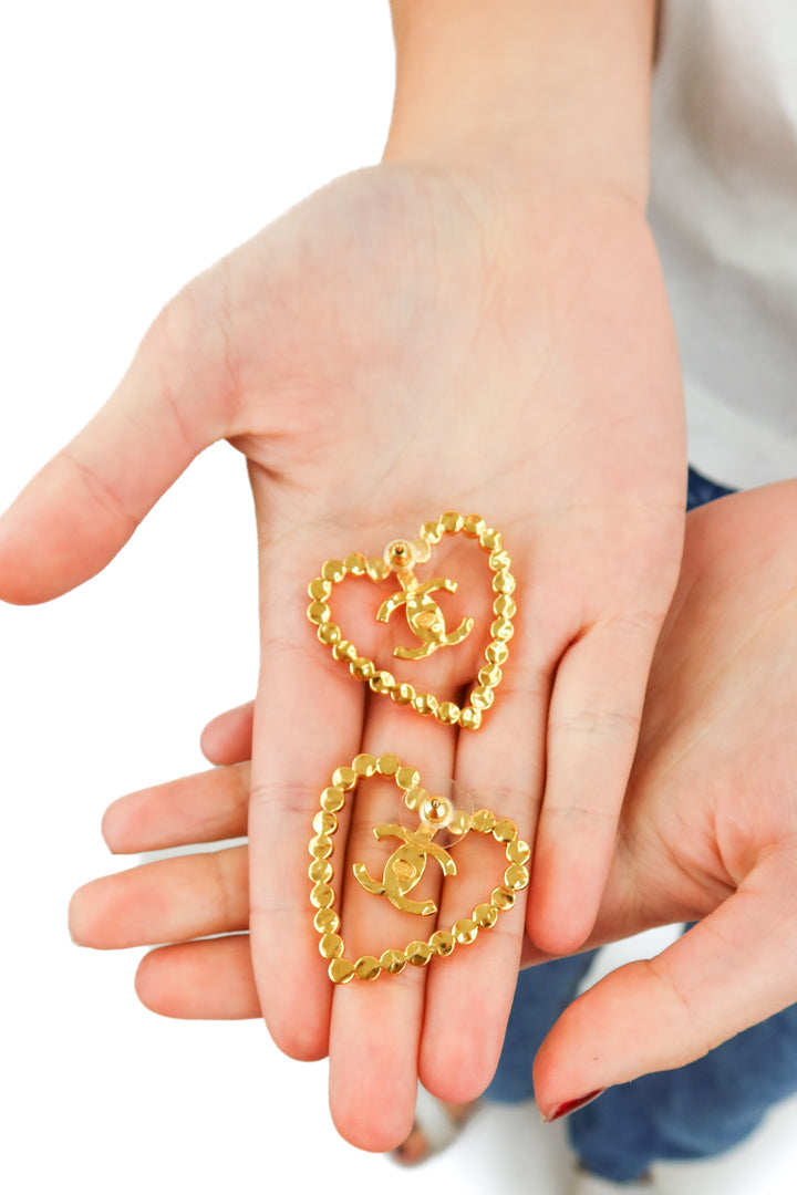 Chanel Cruise 2022/23 Crystal & Gold-Plated CC Heart Earrings (est. retail $1,350)