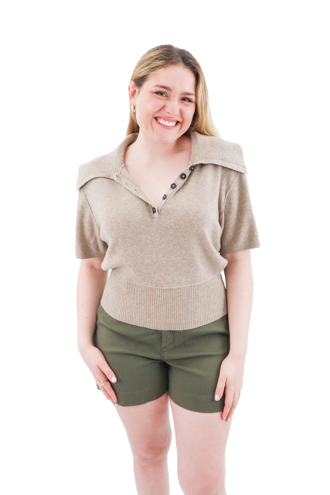 pilcro taupe short sleeve sweater top (m; retail $125)