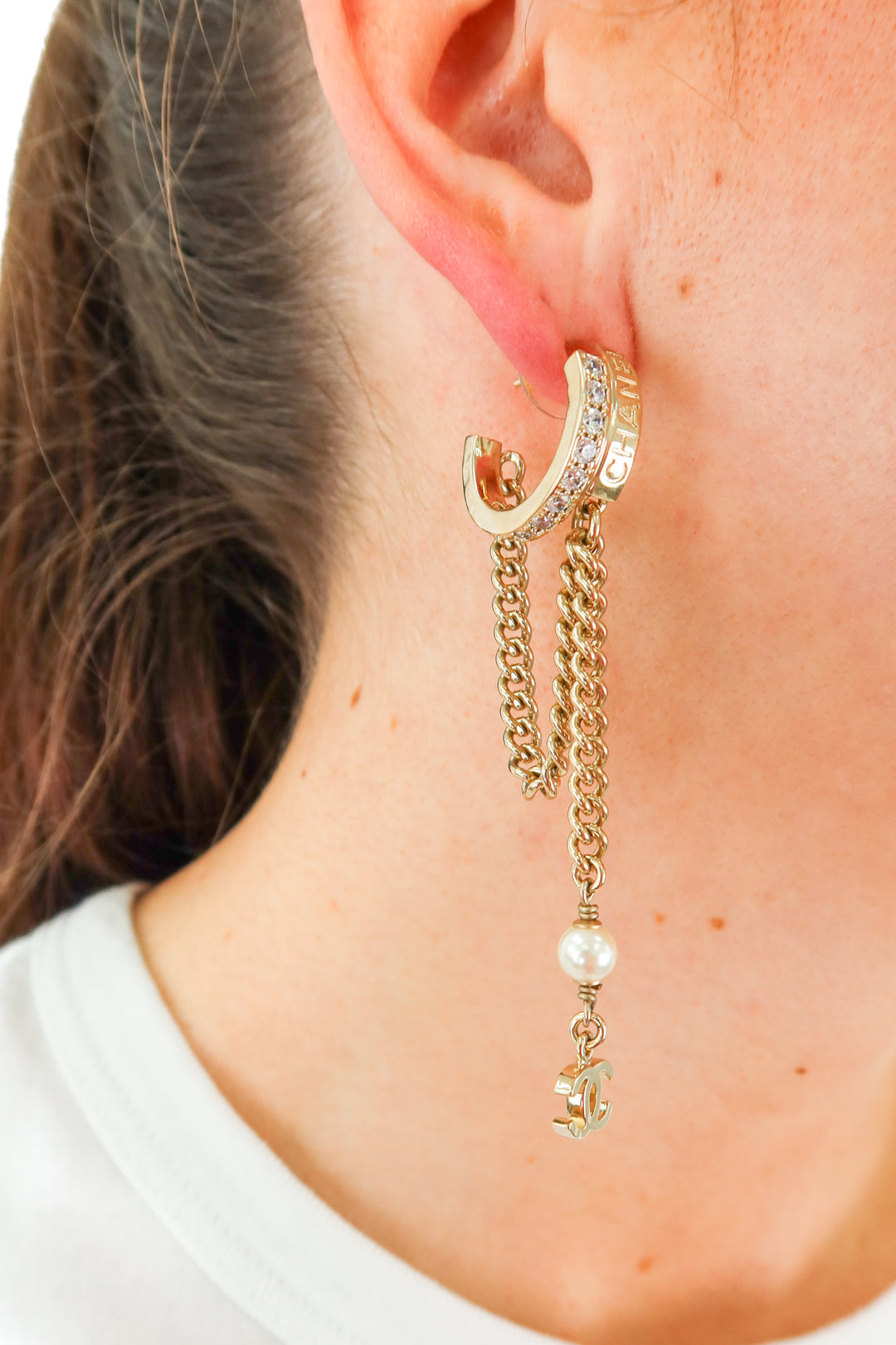 Chanel CC Hoops with Crystal and Chain Detail