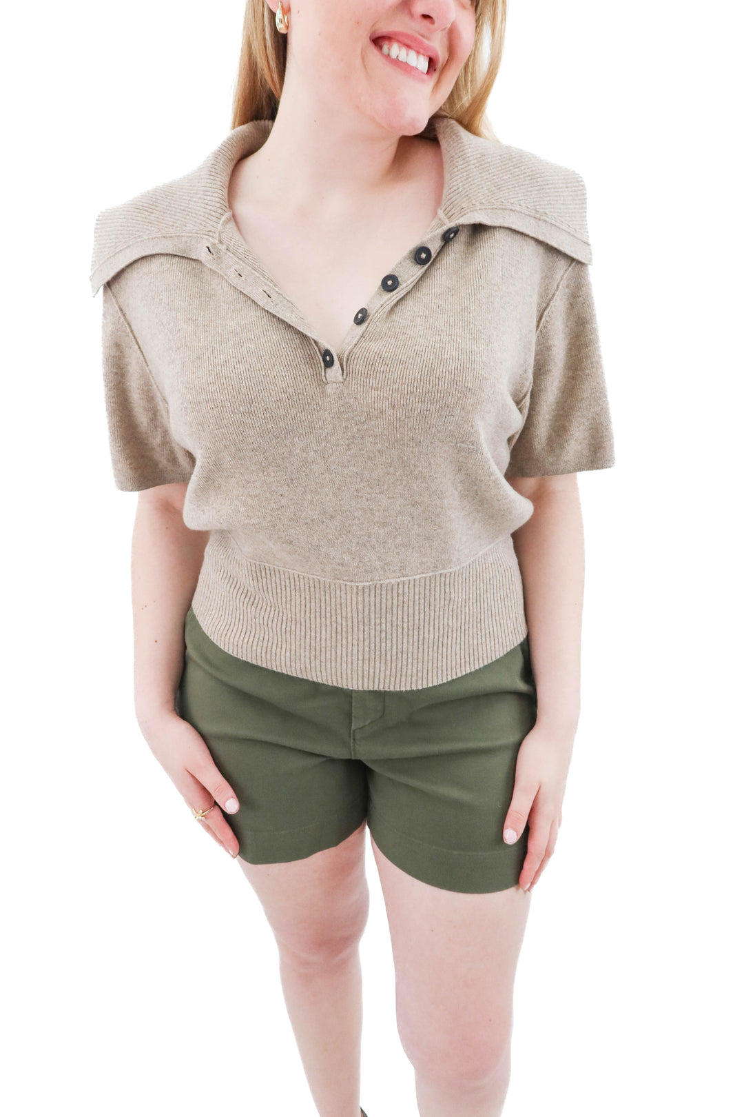 pilcro taupe short sleeve sweater top (m; retail $125)
