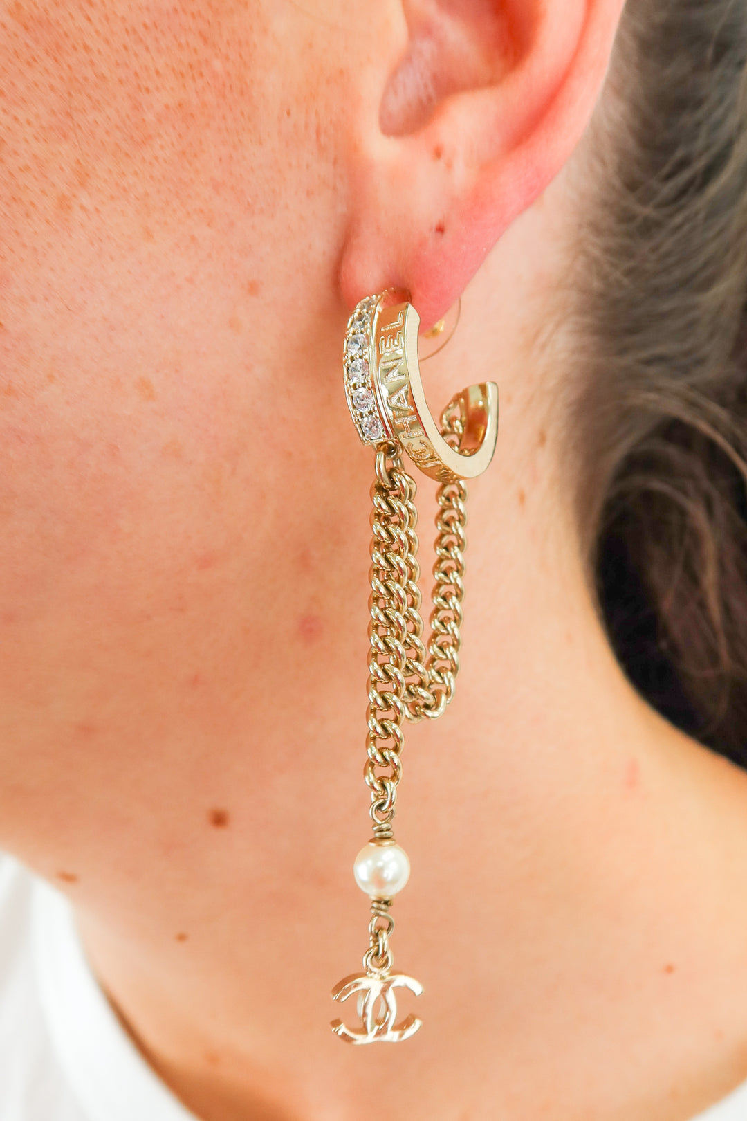 Chanel CC Hoops with Crystal and Chain Detail