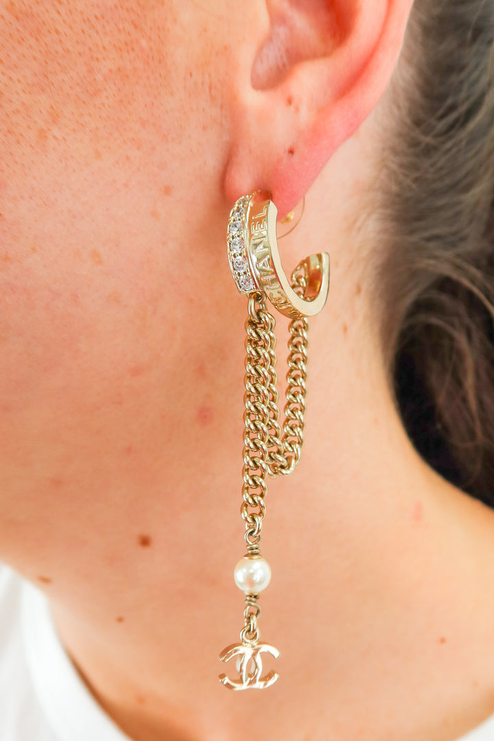 Chanel CC Hoops with Crystal and Chain Detail