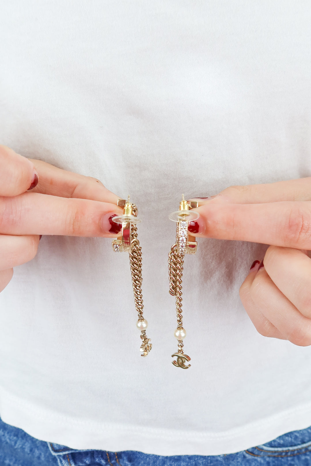 Chanel CC Hoops with Crystal and Chain Detail