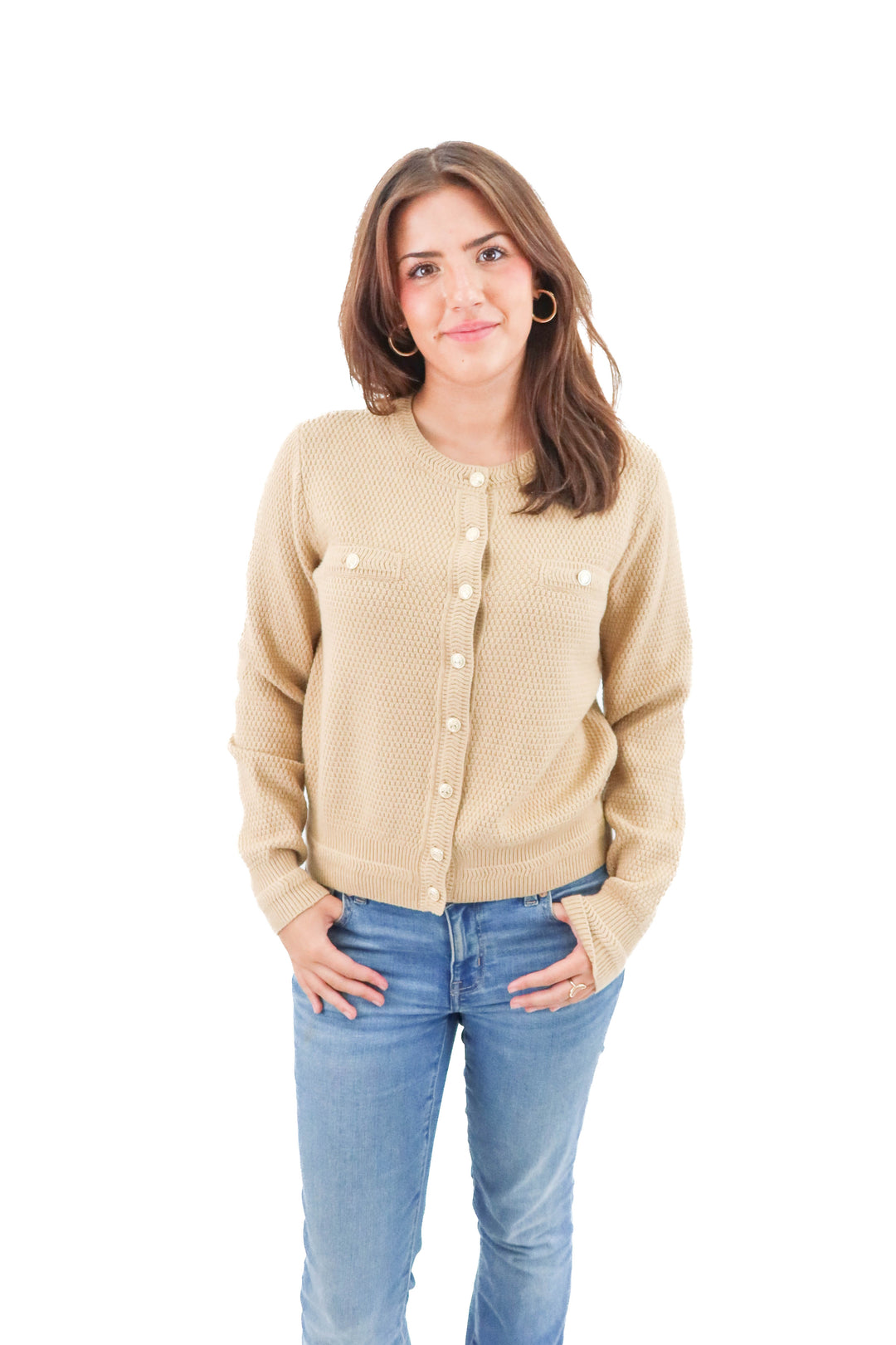 ann taylor tan knit cardigan w/ gold buttons nwt (m)