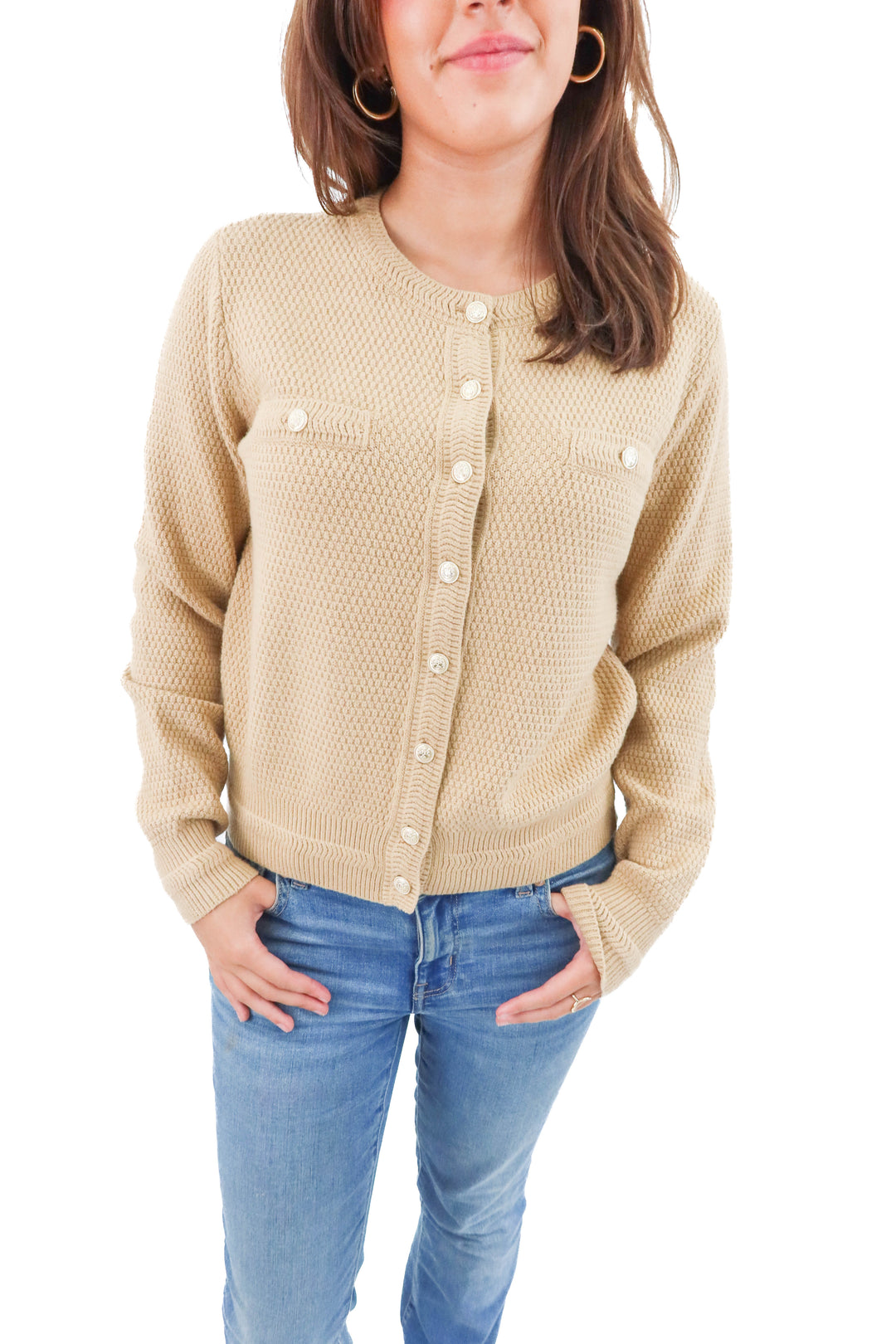 ann taylor tan knit cardigan w/ gold buttons nwt (m)