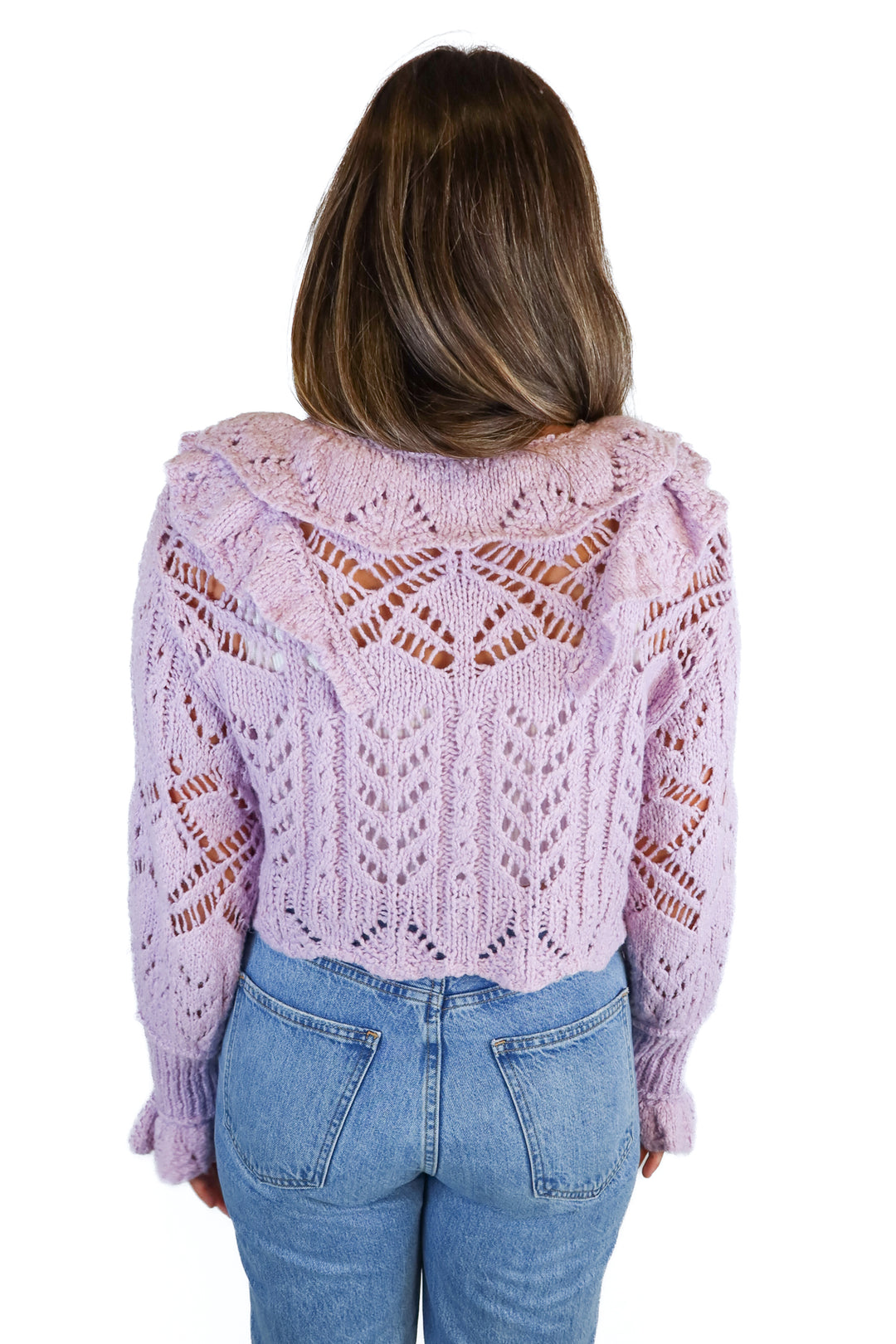 free people light purple crochet cardigan (L; retail $128)