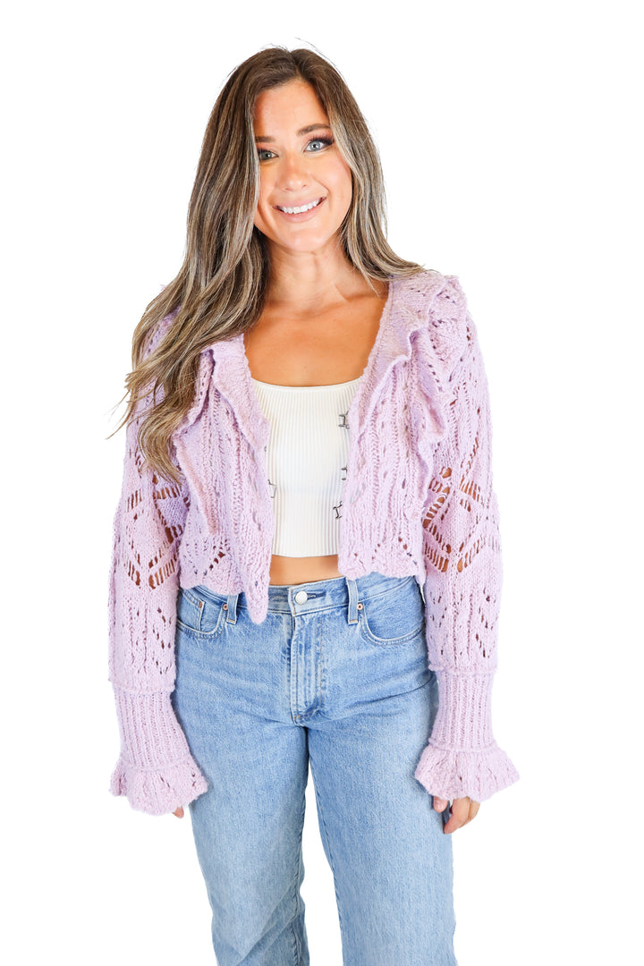 free people light purple crochet cardigan (L; retail $128)