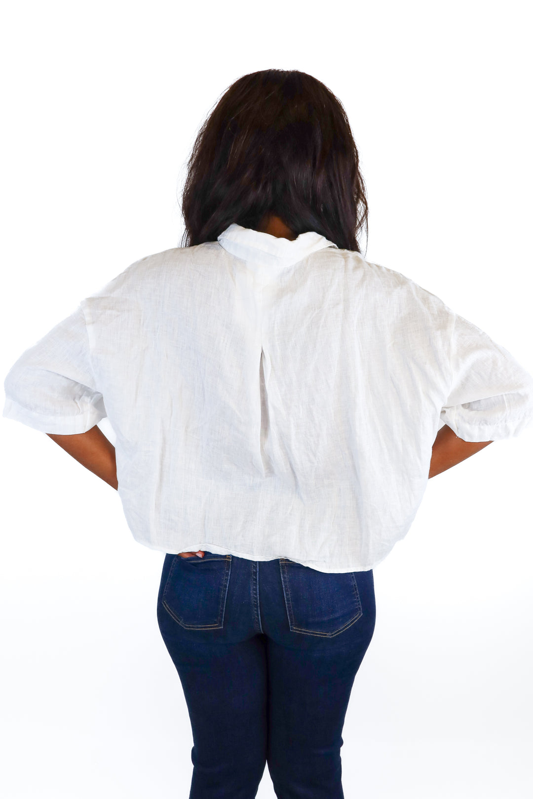 h&m white linen cropped button up (L)