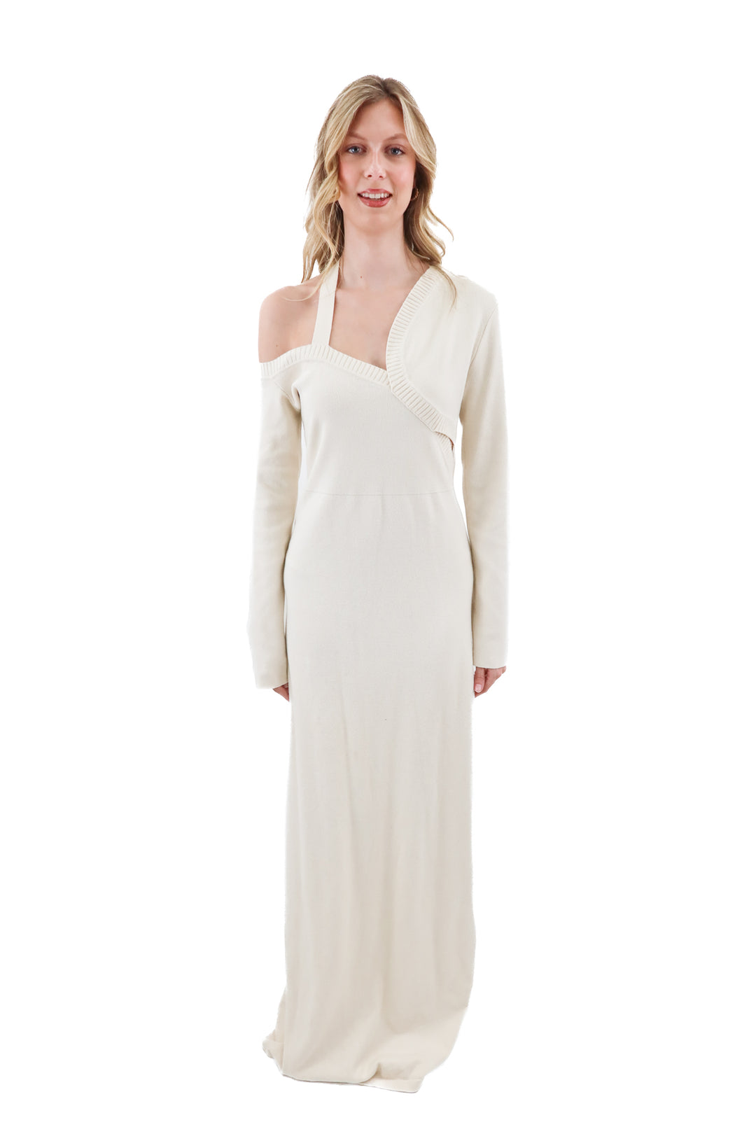 hanifa cream knit long sleeve maxi dress (l; retail $389)