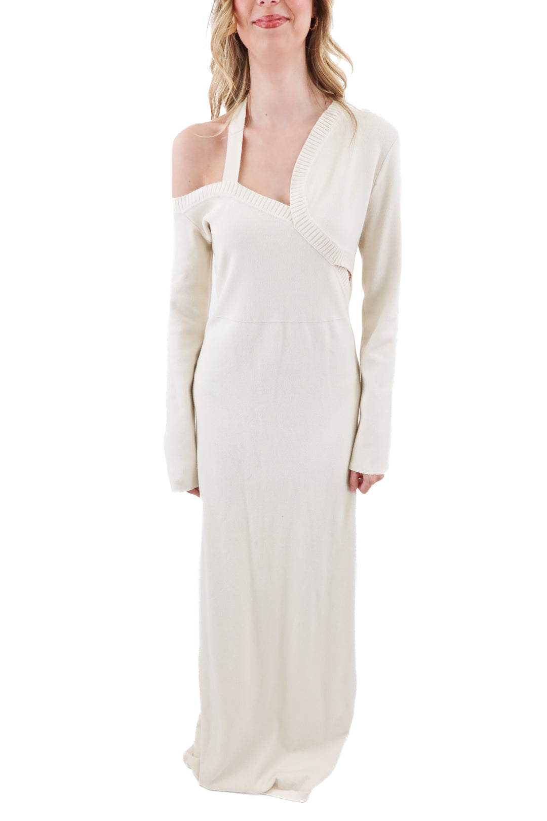 hanifa cream knit long sleeve maxi dress (l; retail $389)