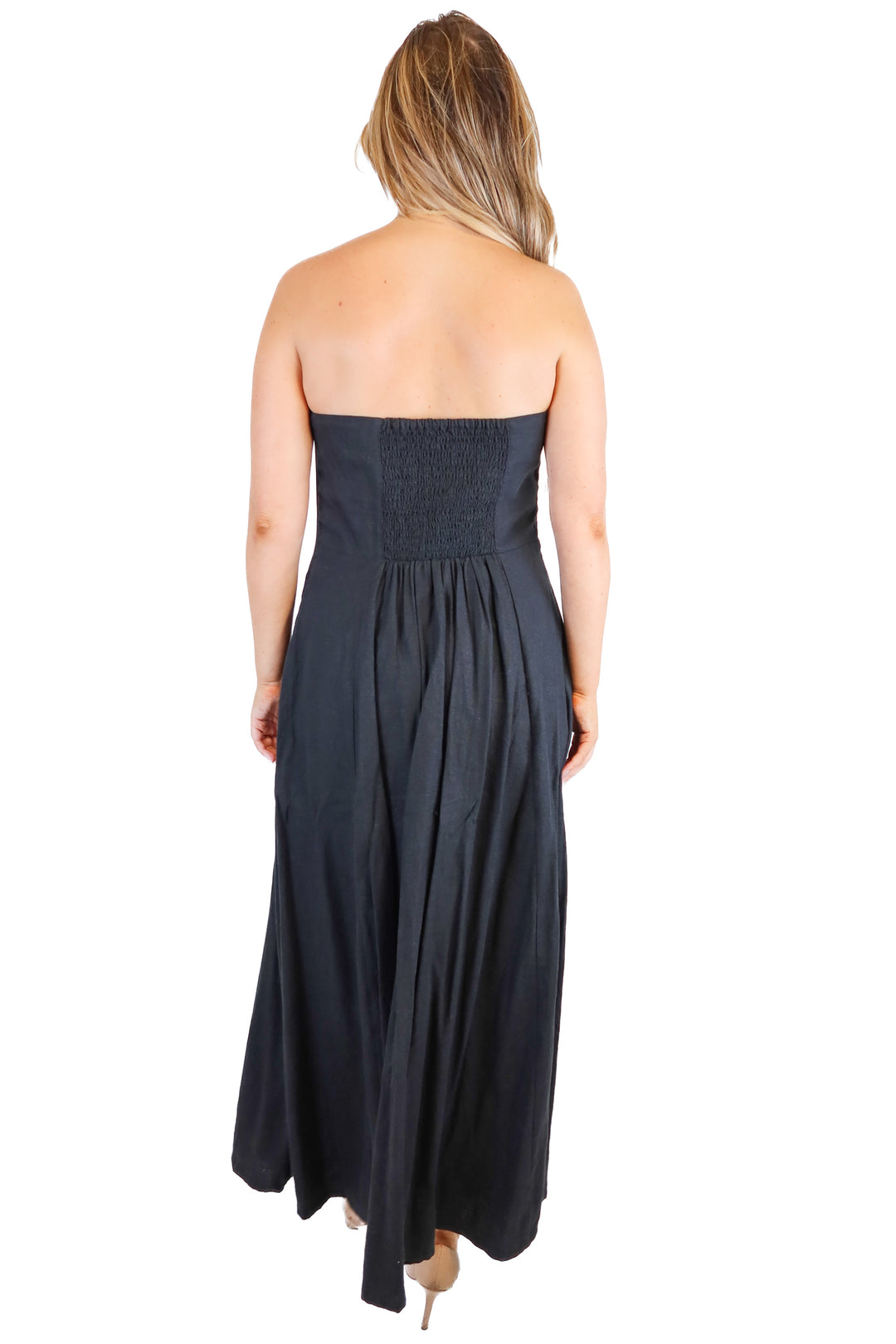 the drop strapless black maxi dress (L)