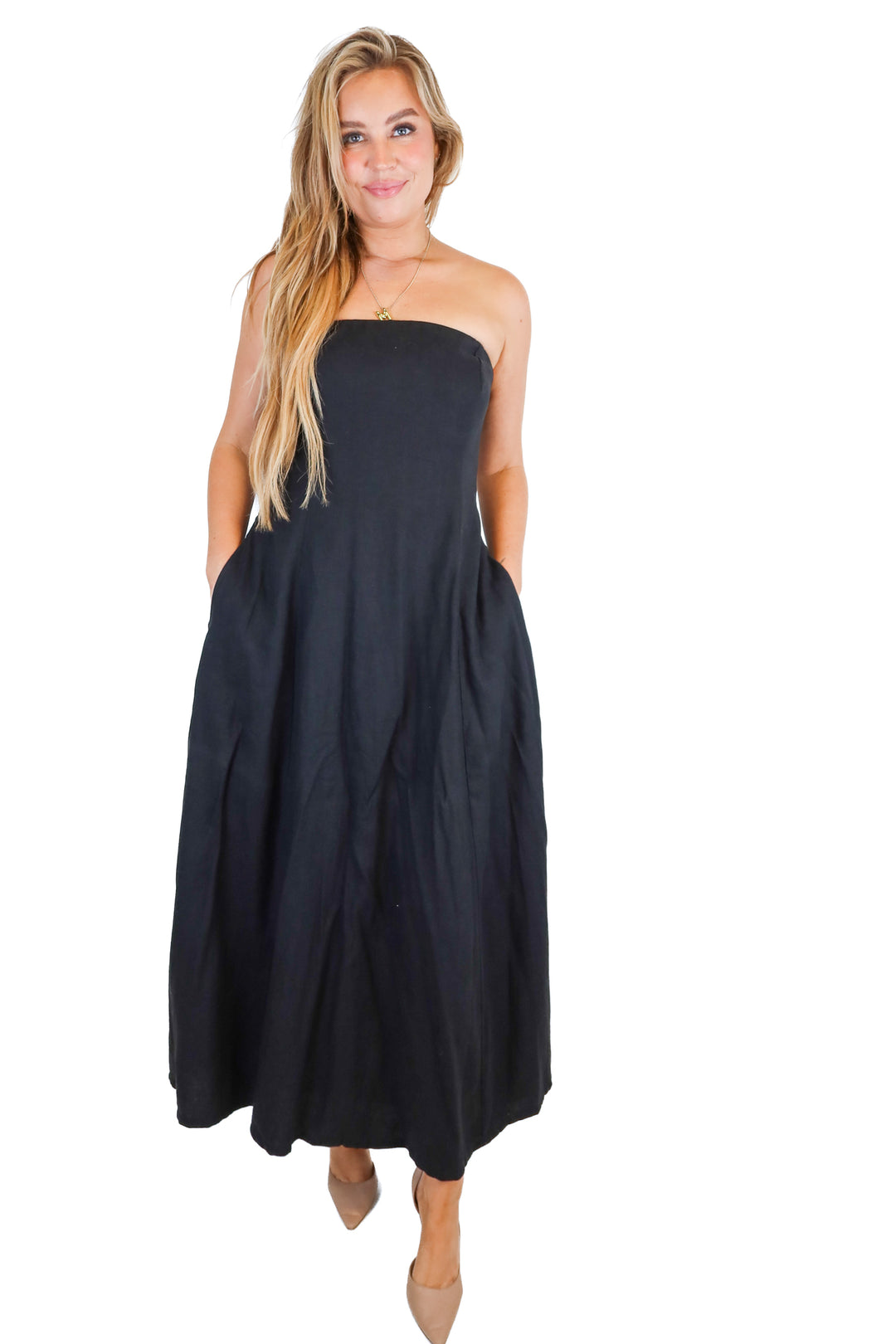 the drop strapless black maxi dress (L)
