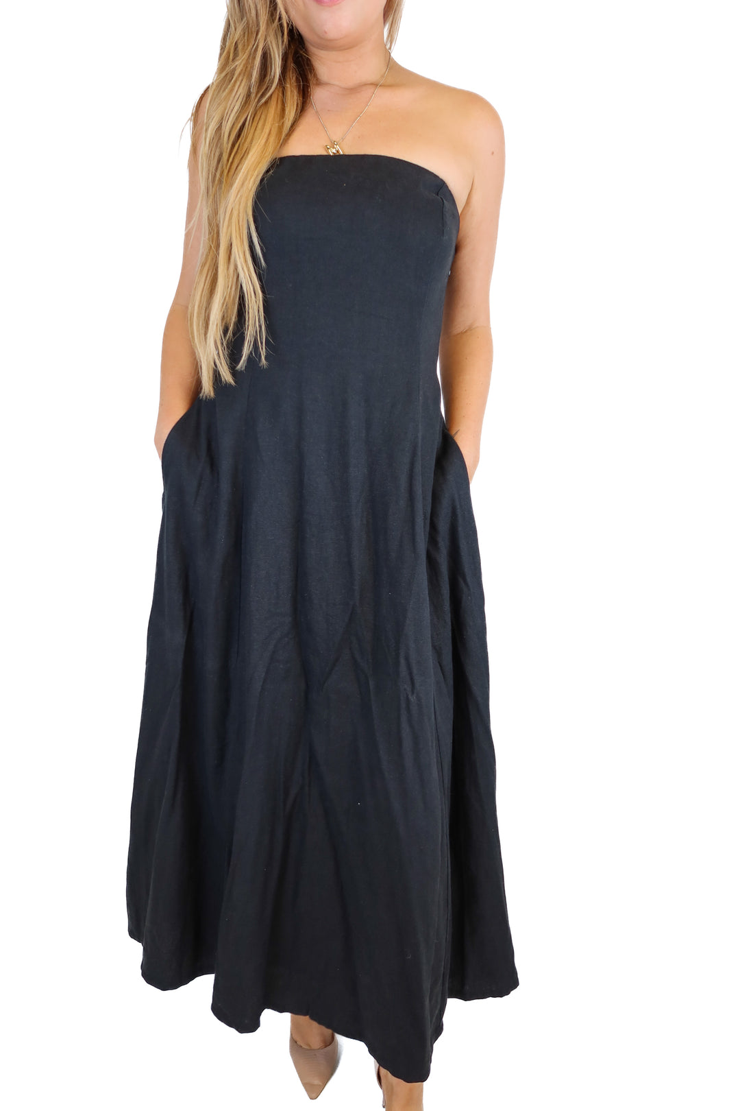 the drop strapless black maxi dress (L)