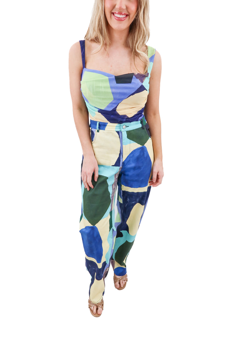 miaou blue/multi abstract top and pants set (l; retail $345)