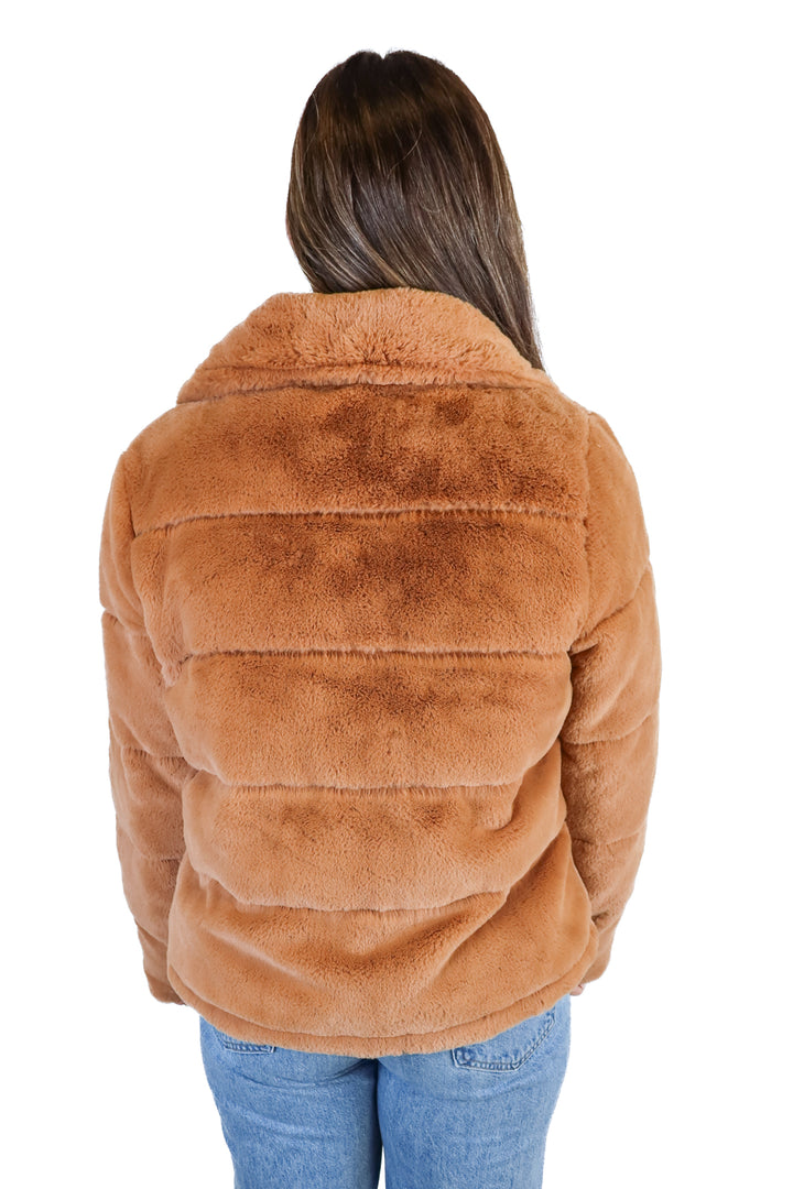 Abercrombie faux fur burnt orange puffer (L; retail $140)