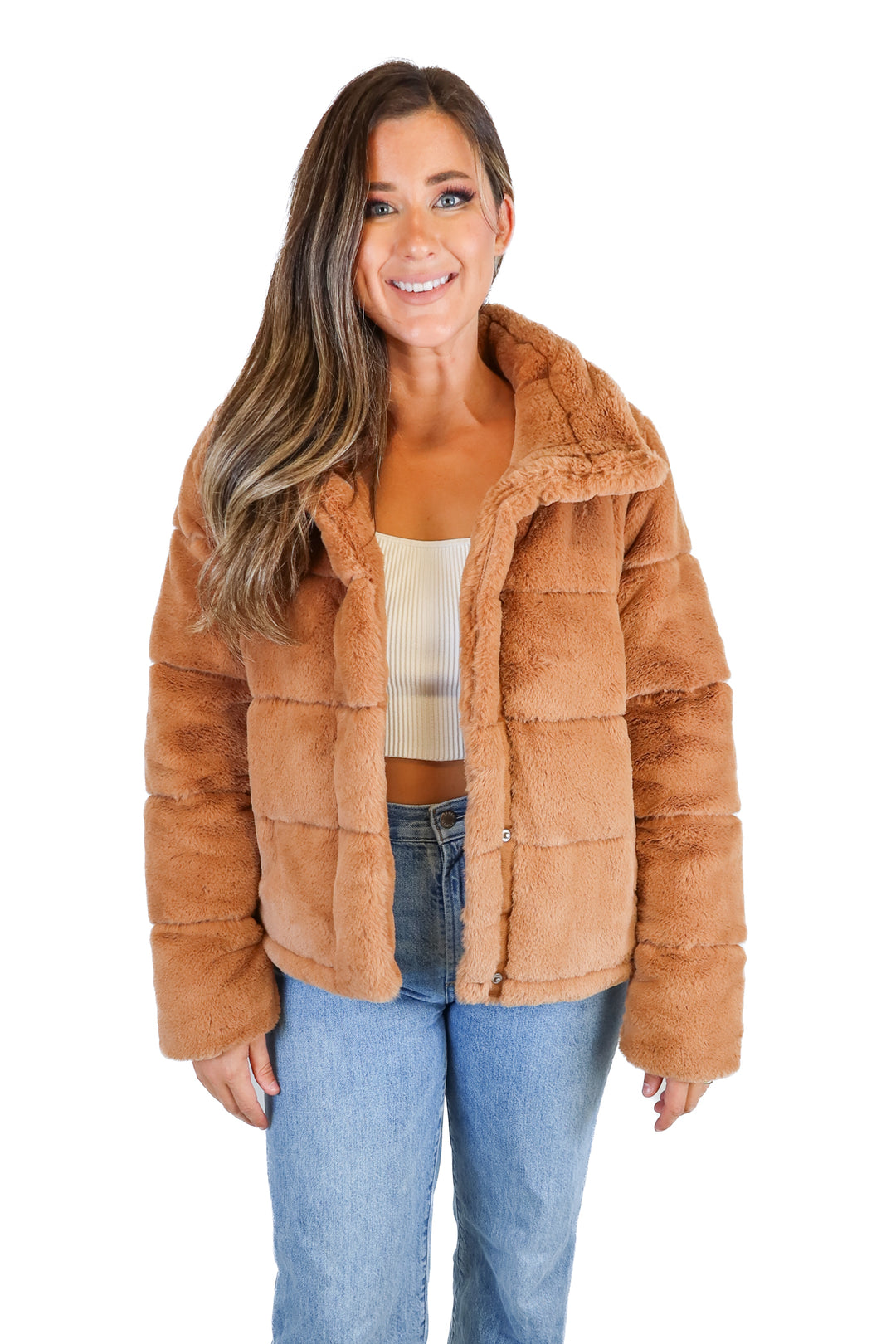Abercrombie faux fur burnt orange puffer (L; retail $140)
