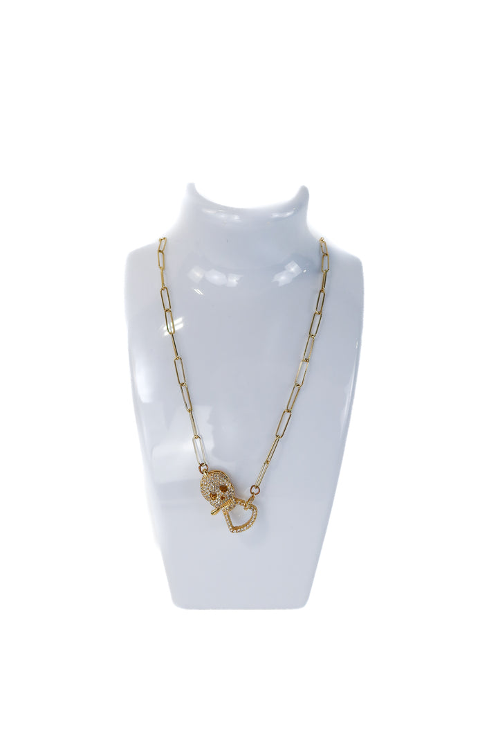kk gold rhinestone skull necklace