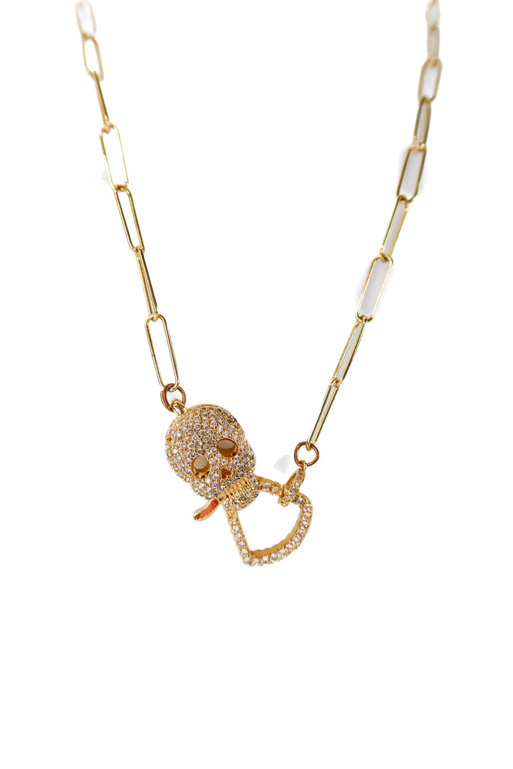 kk gold rhinestone skull necklace