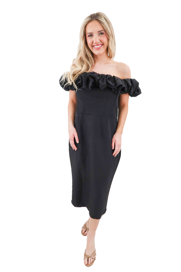 club l estie black off shoulder bardot mini dress nwt (l; retail $210)