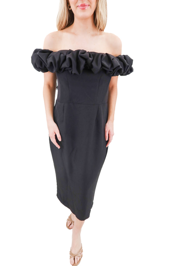 club l estie black off shoulder bardot mini dress nwt (l; retail $210)
