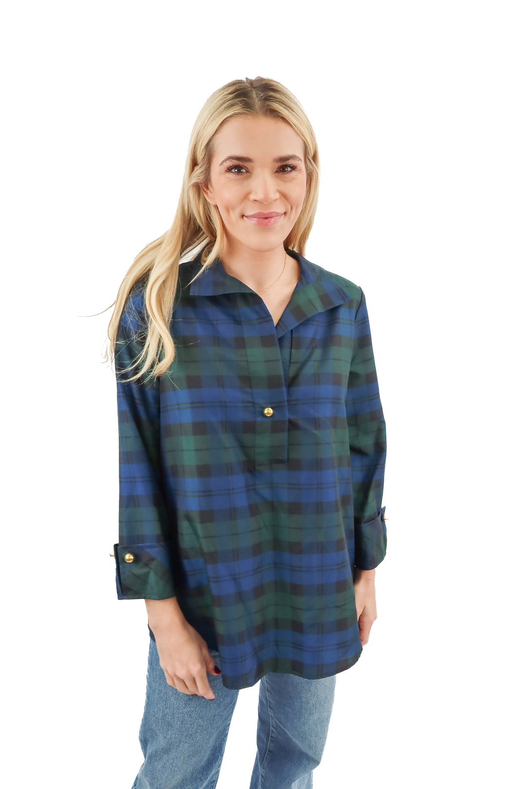 Tuckernuck blue green plaid tunic top (S)