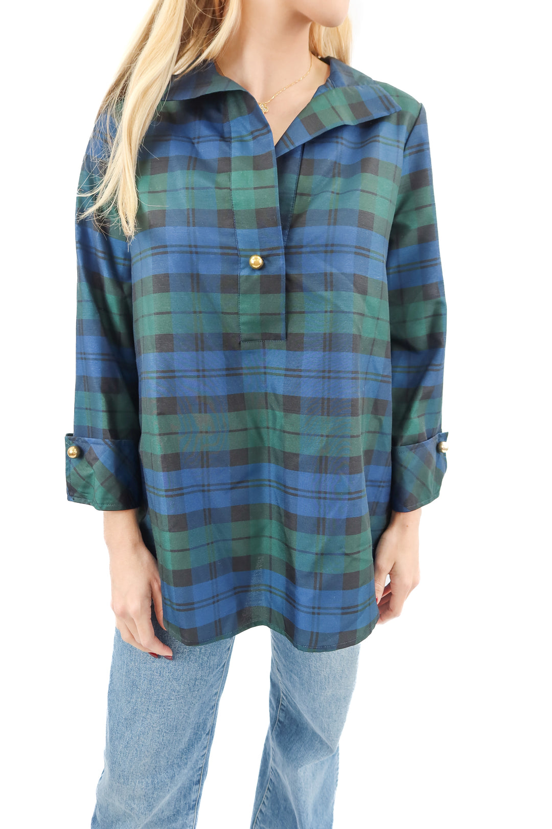 Tuckernuck blue green plaid tunic top (S)