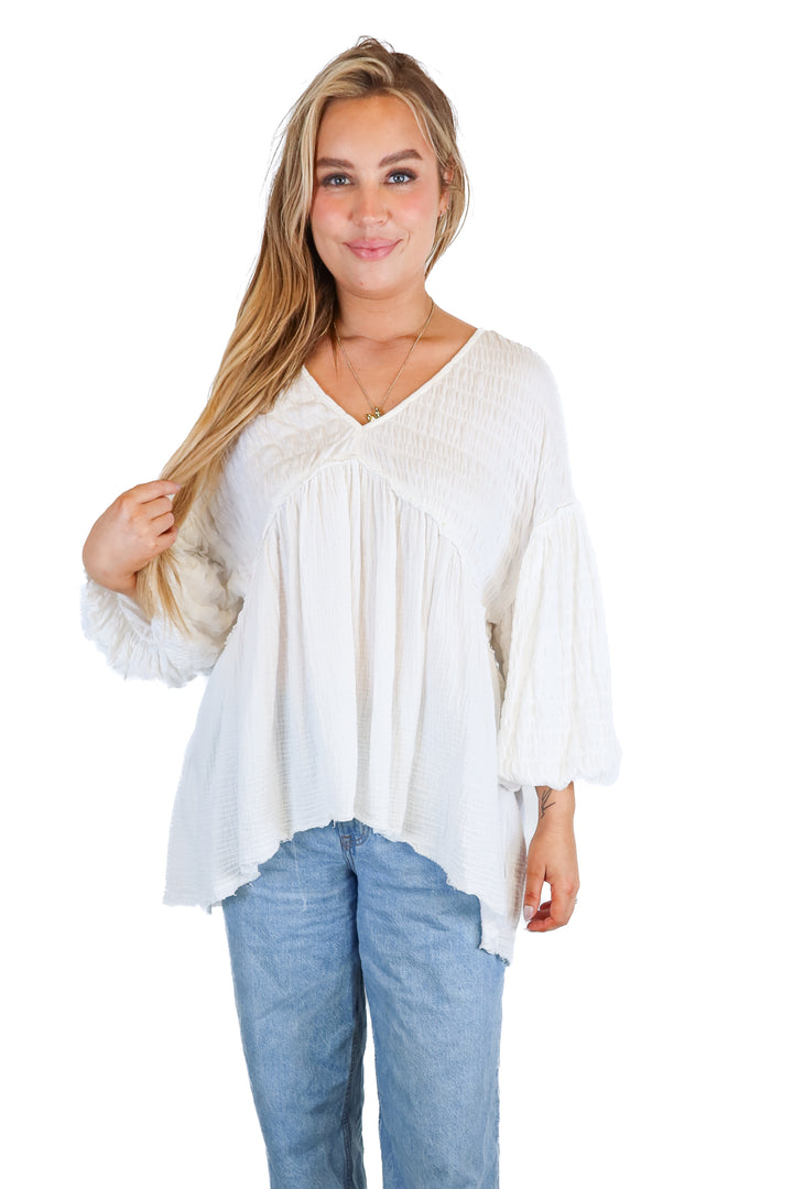 free people white textured peplum top (m)