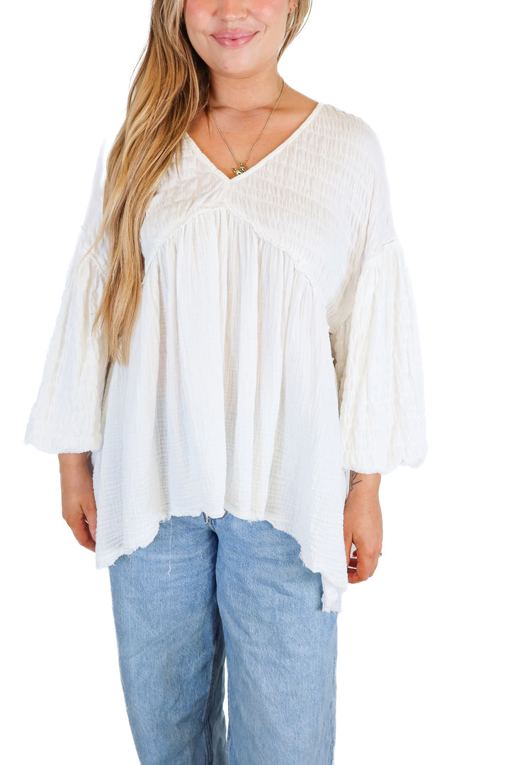 free people white textured peplum top (m)