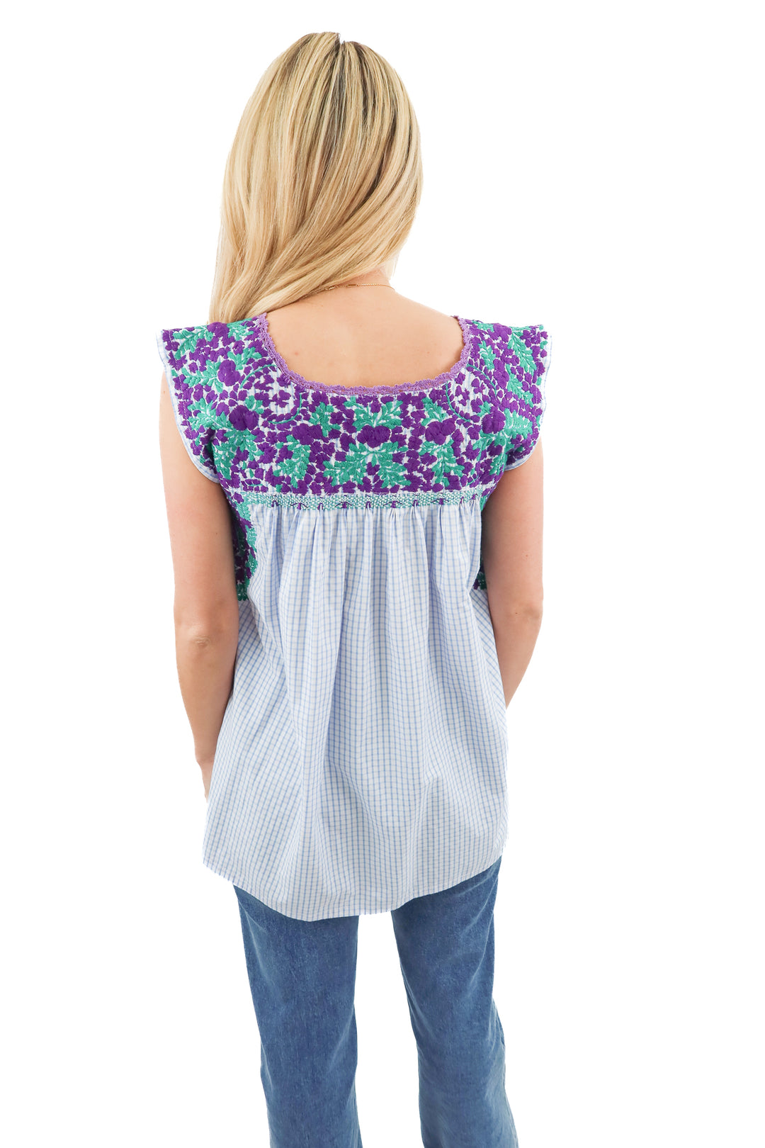 Mi Golondrina blue checkered floral ruffle top (S; retail $245)