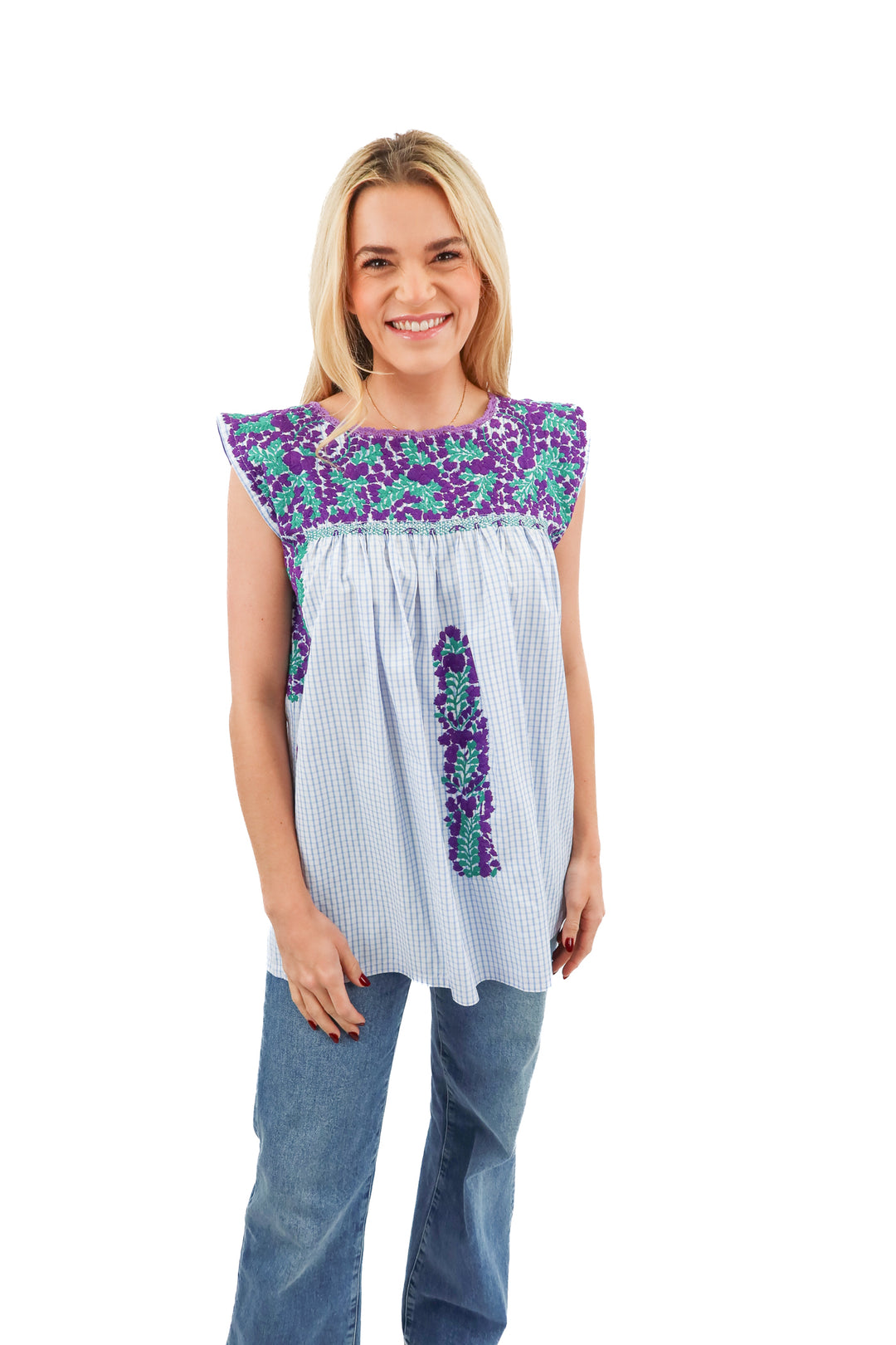 Mi Golondrina blue checkered floral ruffle top (S; retail $245)