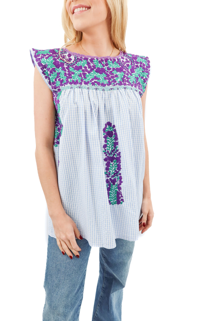 Mi Golondrina blue checkered floral ruffle top (S; retail $245)