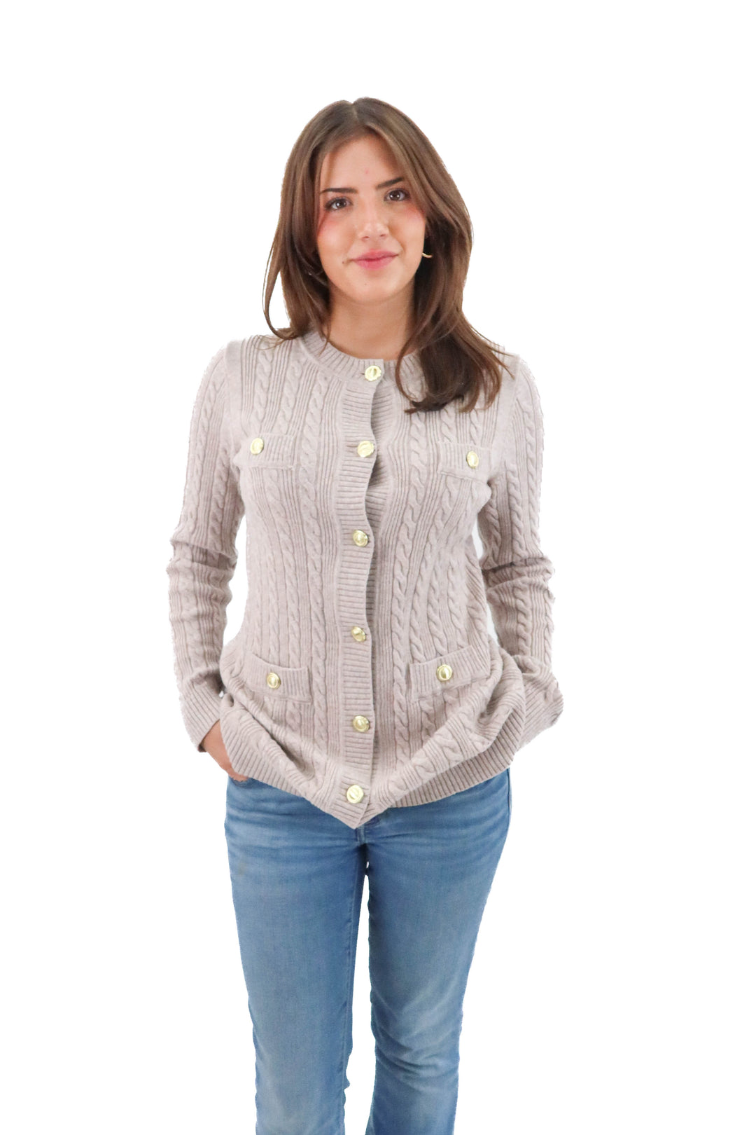 ann taylor taupe knit cardigan (m; retail $94)
