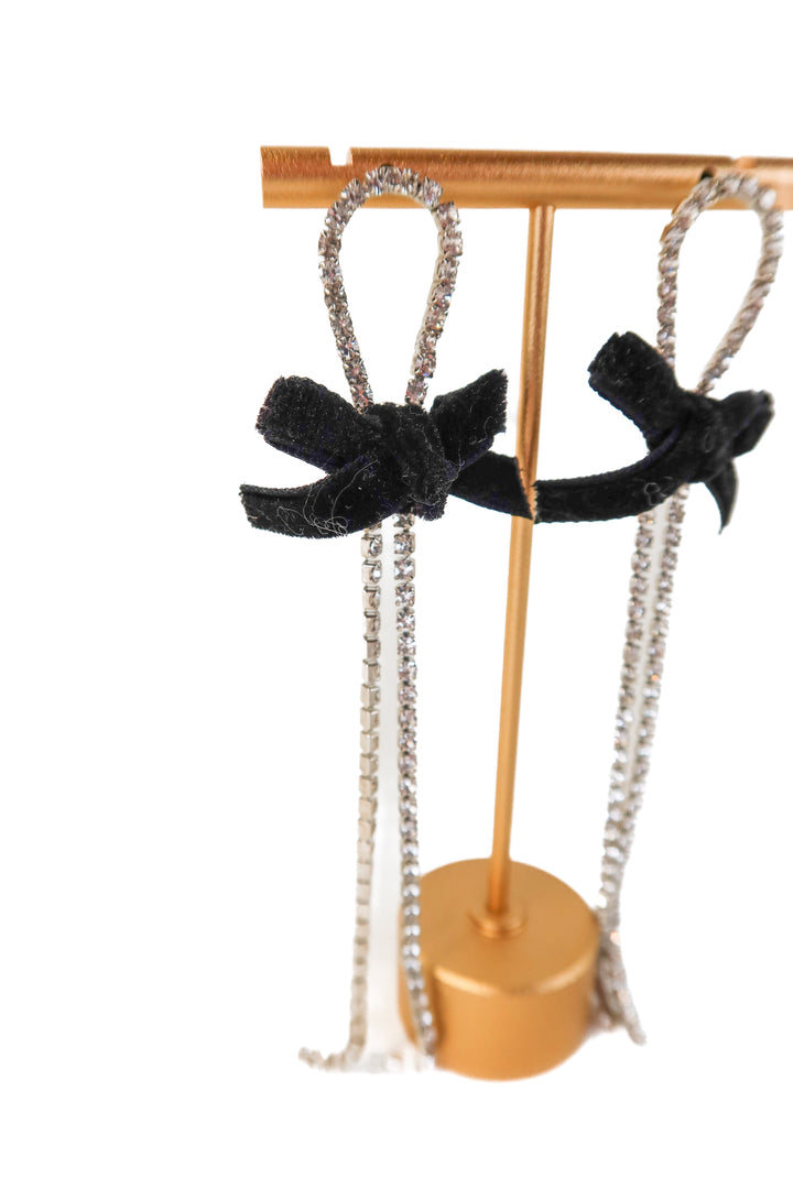 rhinestone black bow long earrings