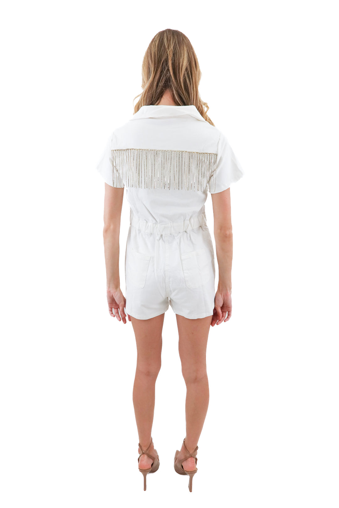 buddy love white denim rhinsetone romper NWT (s; retail $132)