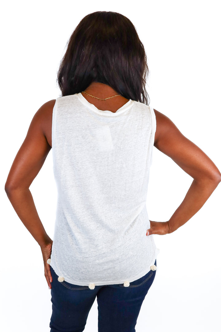 j.crew sleeveless white linen tank with pom poms (m)