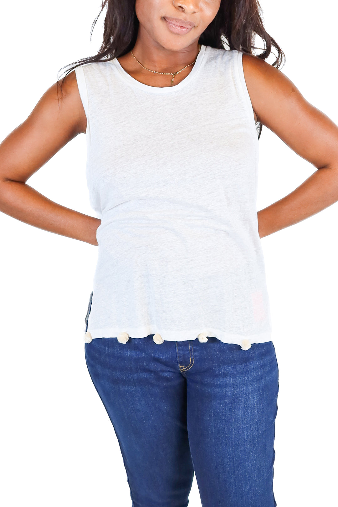 j.crew sleeveless white linen tank with pom poms (m)
