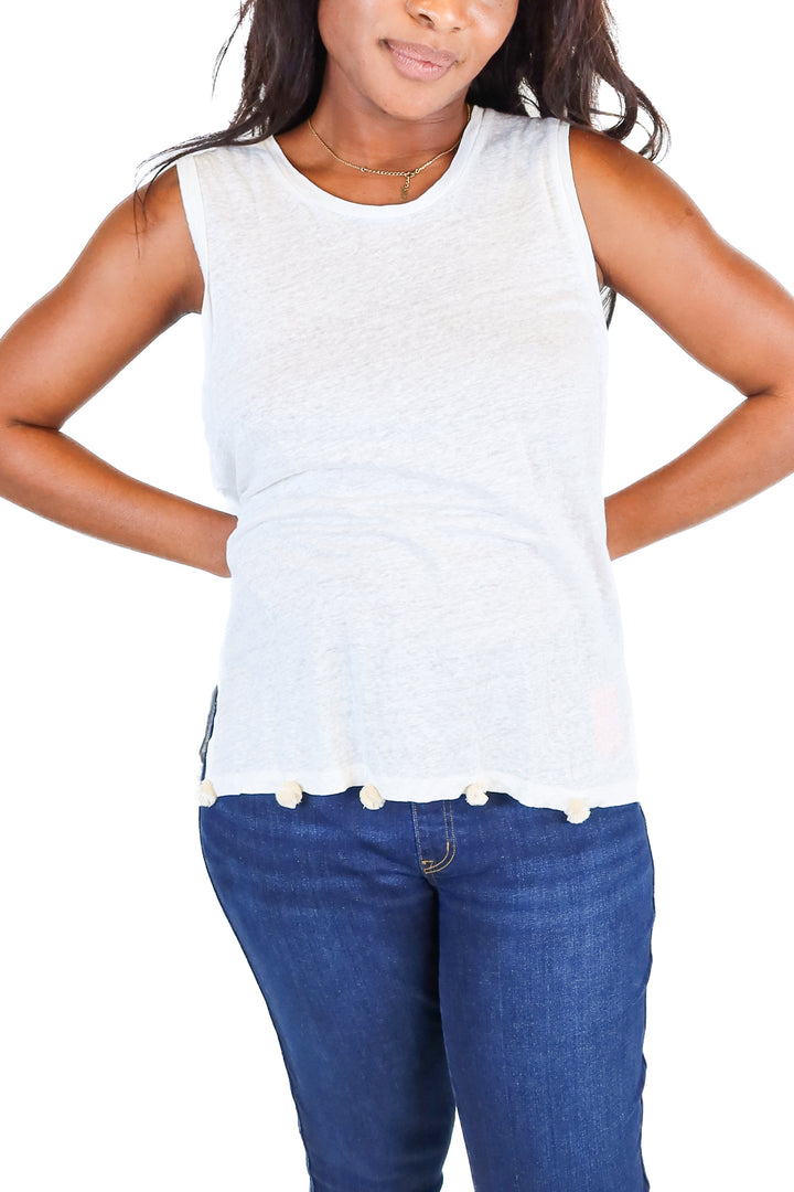 j.crew sleeveless white linen tank with pom poms (m)