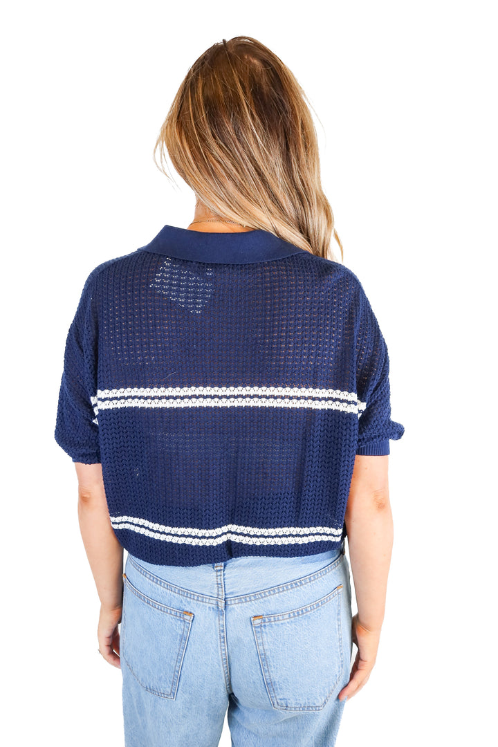 525 navy/white striped knit sweater (L; retail $99)