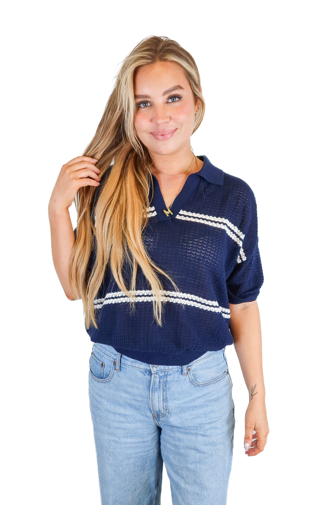 525 navy/white striped knit sweater (L; retail $99)