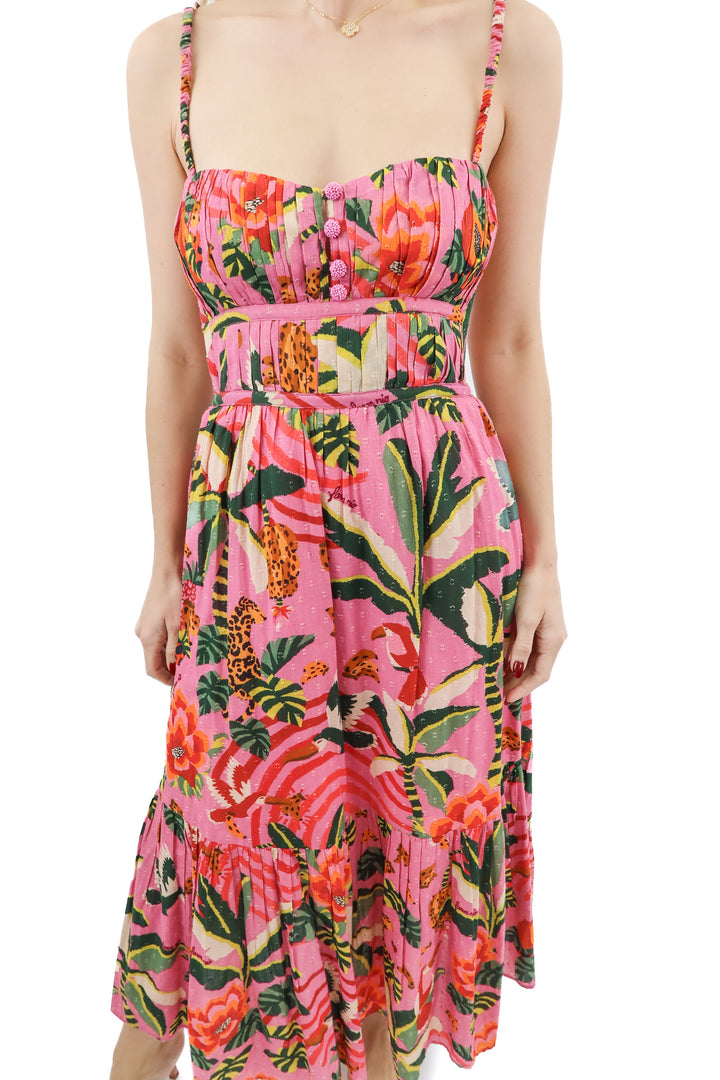 Farm Rio pink parrot/leopard floral maxi dress (S)