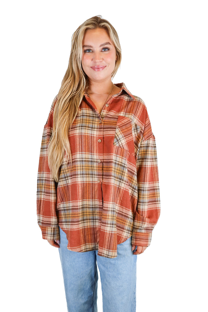 Calista burnt orange/yellow/brown flannel button up (L)