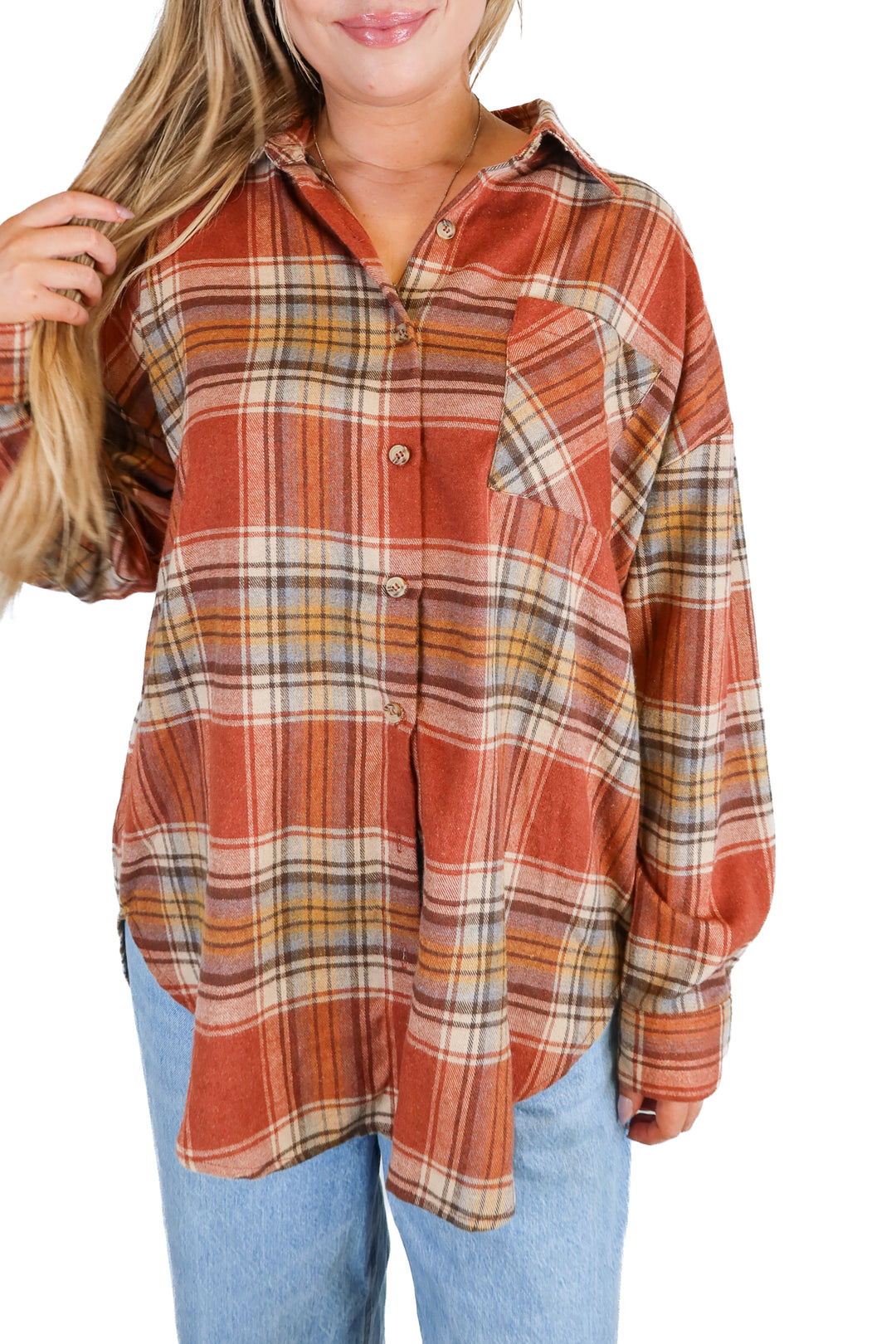 Calista burnt orange/yellow/brown flannel button up (L)