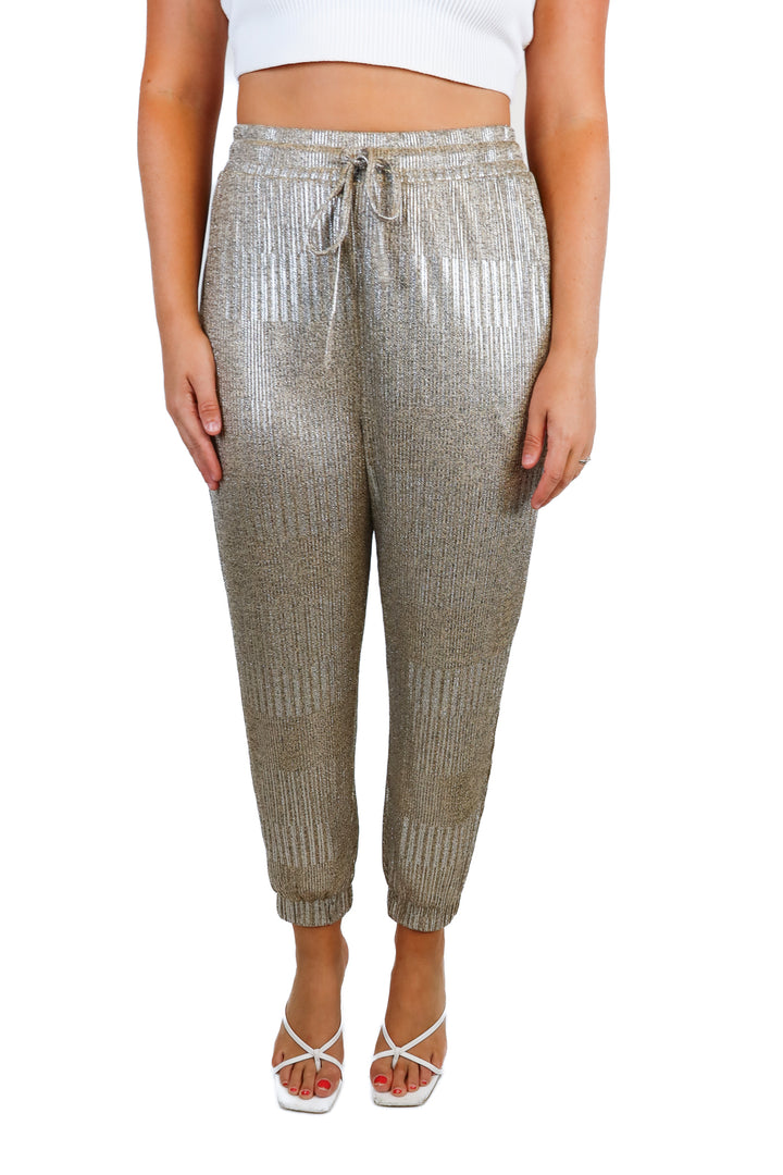 bishop + young gold and silver metallic joggers NWT (M; retail $140)